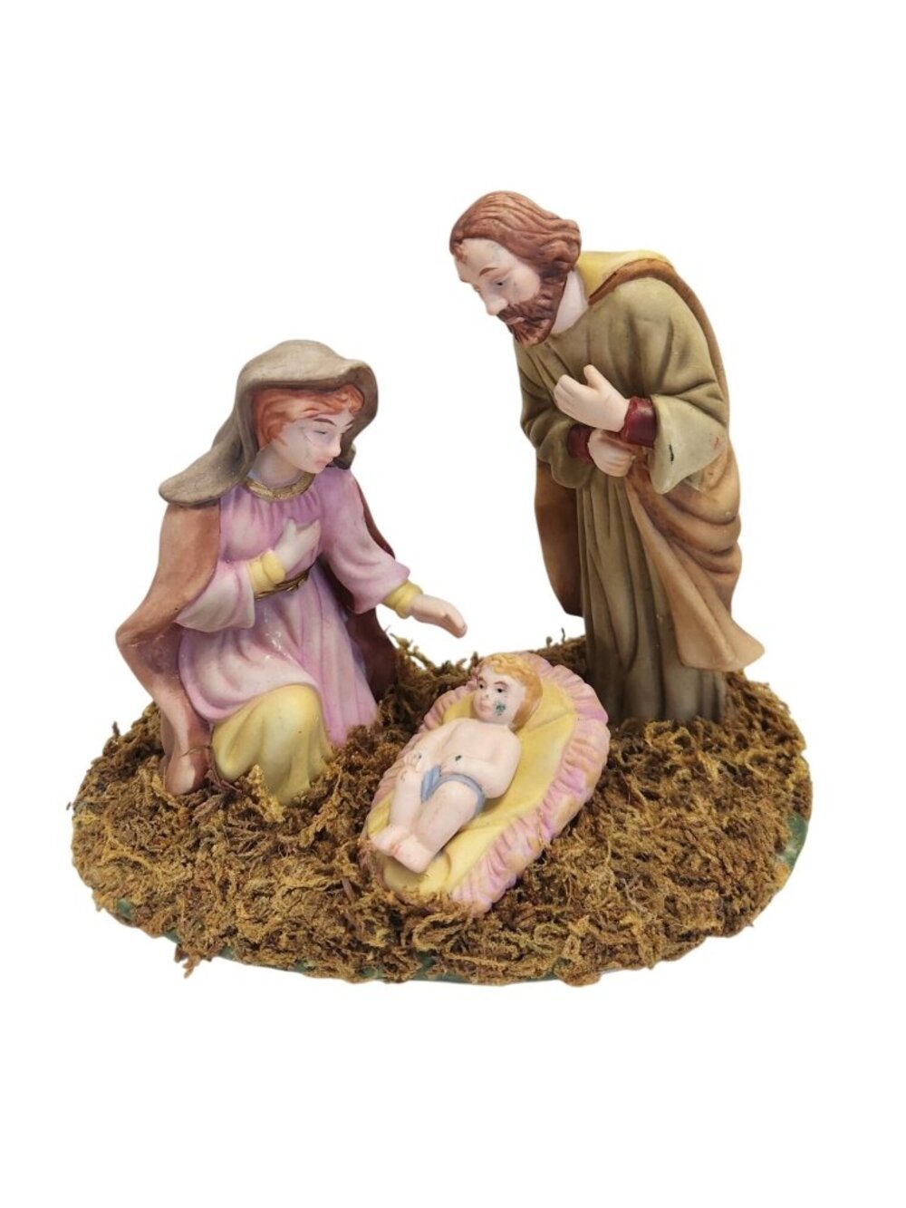 Ceramic Nativity Figurine Set with Mary Joseph And Baby Jesus On Mossy Base READ